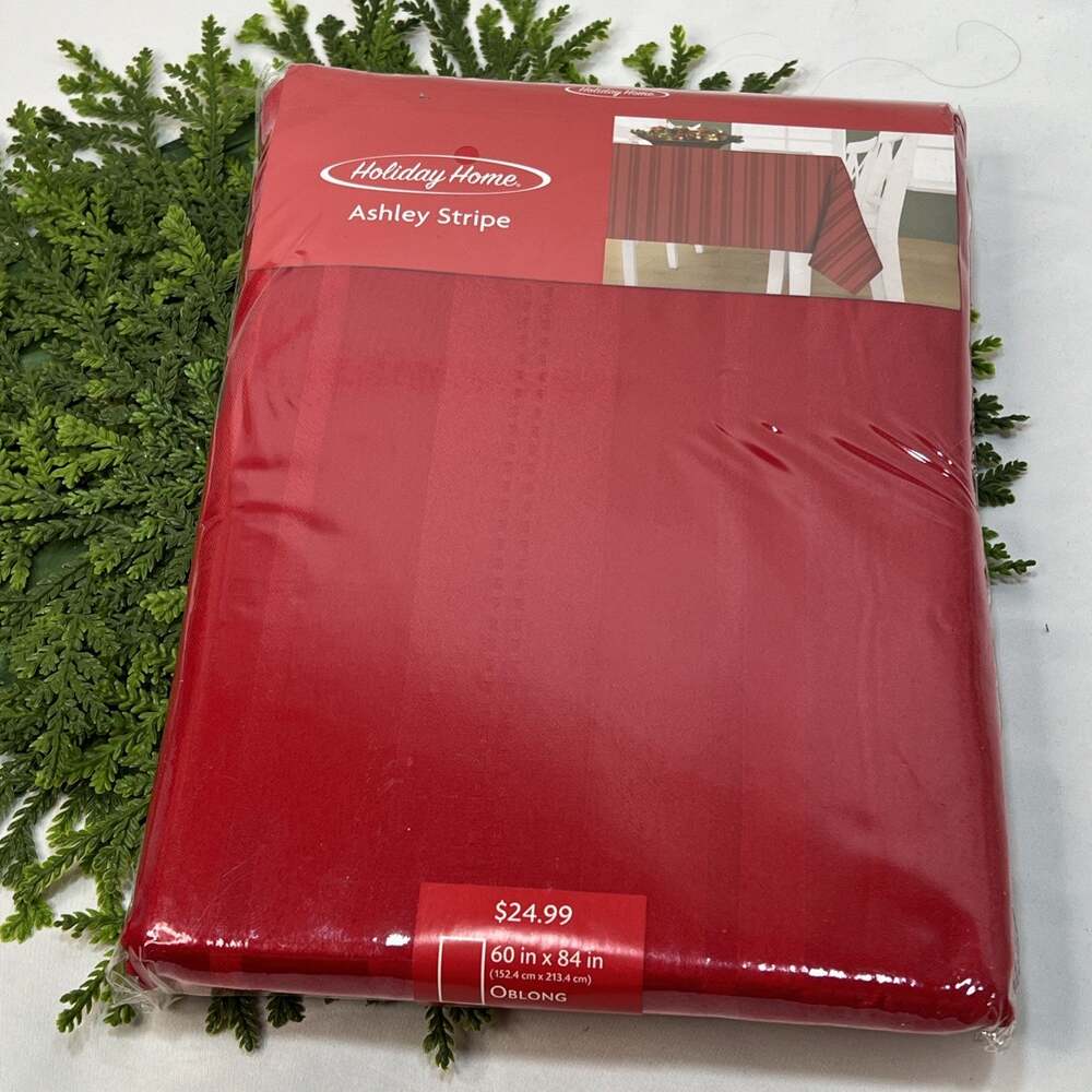 Ashley Red Woven Satin Stripe Damask Tablecloth Christmas Holiday 60” X 84”